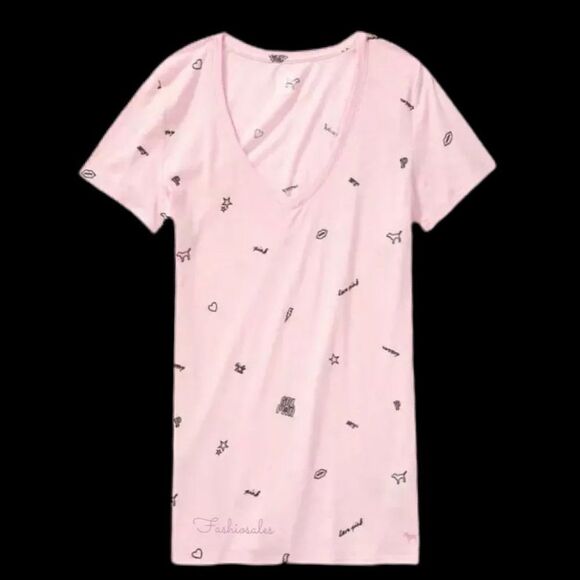 Victoria’s Secret Pink Soft  Perfect V-neck tee t-shirt top Pink printed Xsmall - Picture 1 of 2